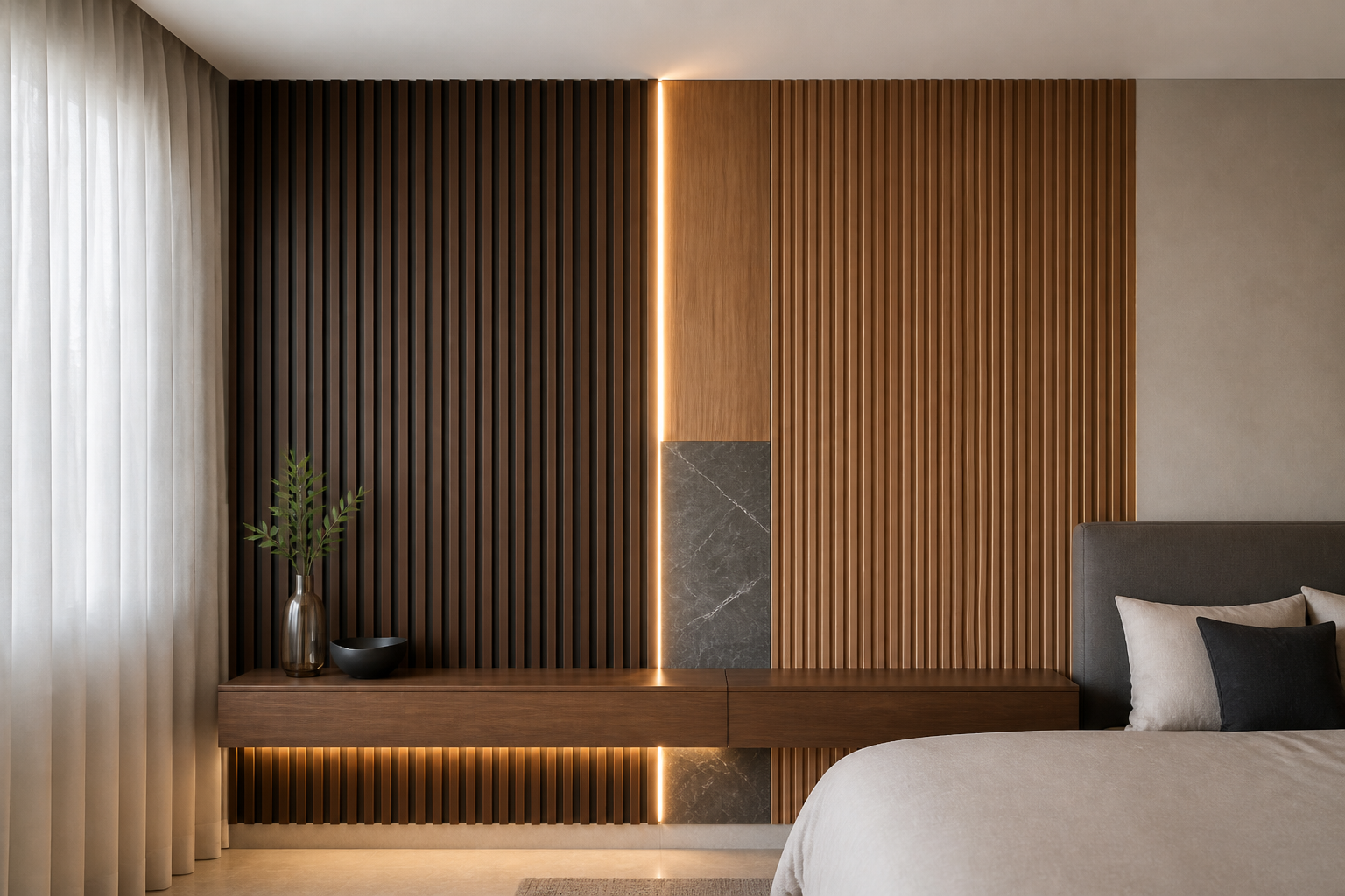 Feature wall with Akupanels, fluted panels, and LED
